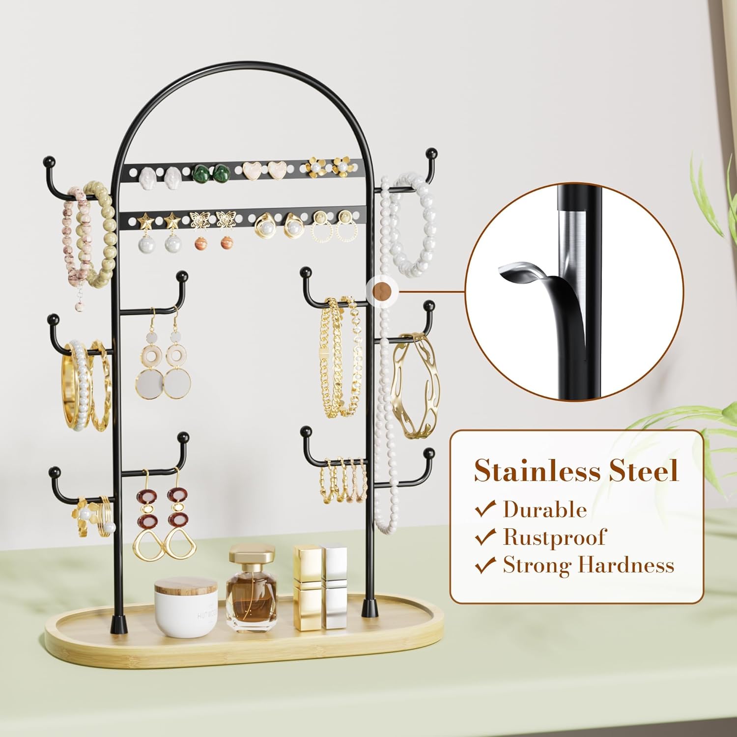 niffgaff Jewelry Stand Jewellery Organiser Necklace Earring Holder Necklace Display Stand Headband Organiser For Hanging Ring Bracelet Watches Storage Bedroom Accessories Black With Wooden Round Tray-1