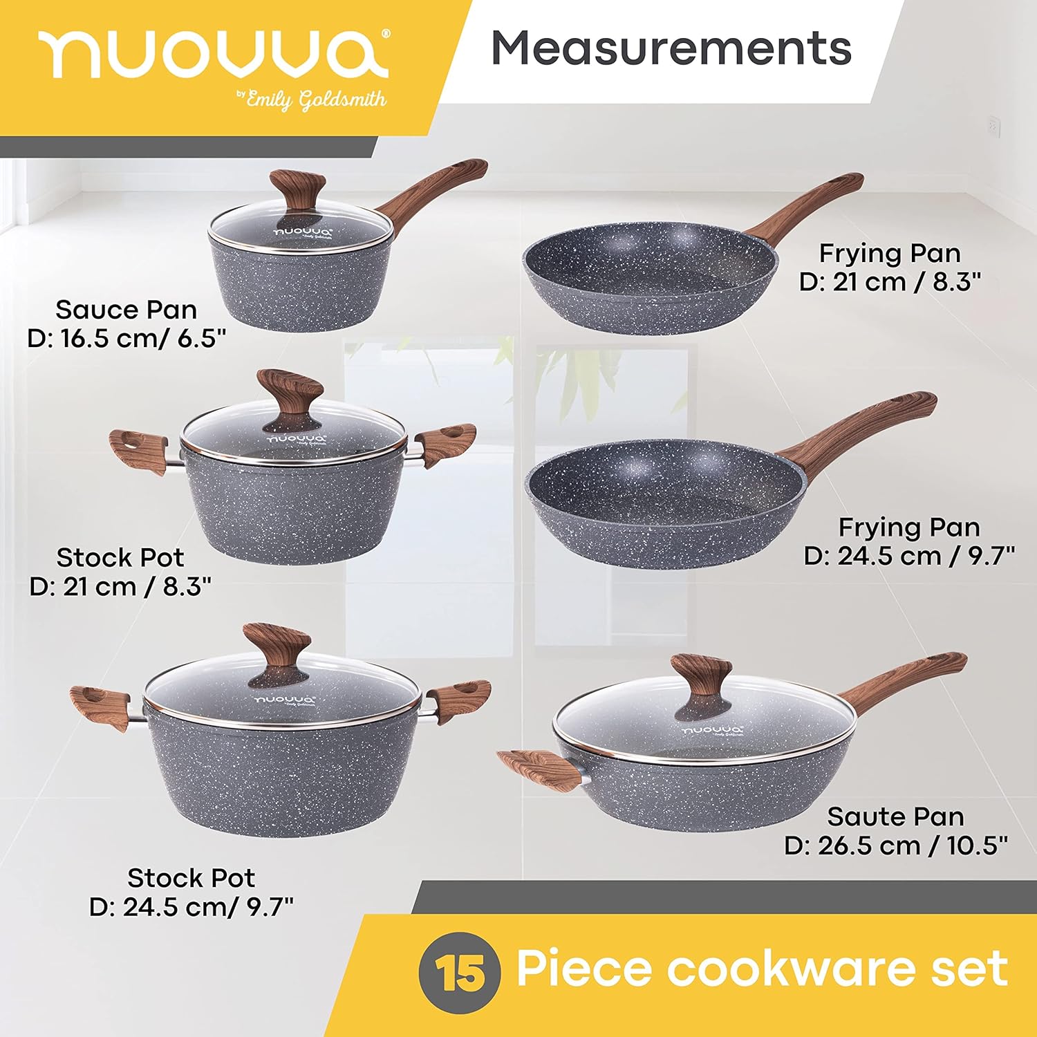 Non Stick Pots and Pans Set – Induction Hob Pots Set – 15pcs Kitchen Cookware with Lids – Cooking Marble Saucepan Pots - by Nuovva-2