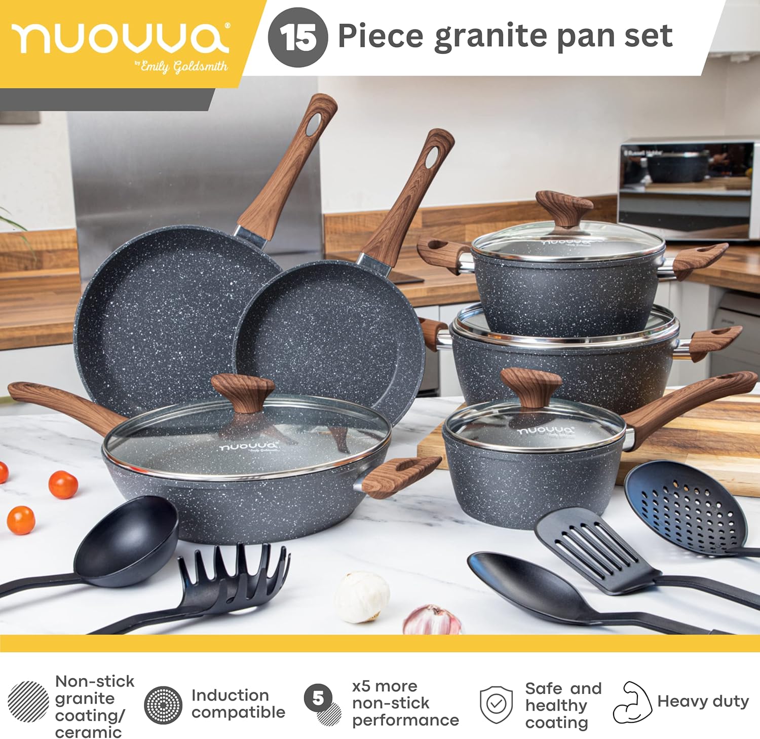 Non Stick Pots and Pans Set – Induction Hob Pots Set – 15pcs Kitchen Cookware with Lids – Cooking Marble Saucepan Pots - by Nuovva-4