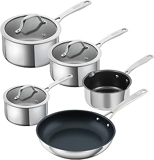 Kuhn Rikon Allround 5-Piece Stainless Steel Mixed Cookware Set. 16 cm, 18 cm and 20 cm Saucepans, 24 cm Frying Pan and 16 cm Milk Pan. Induction and Oven Safe. Designed in Switzerland