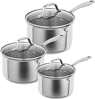 Kuhn Rikon Allround Plus 3-Piece Stainless Steel Saucepan Set with Glass Lids and Drainer, 16cm, 18cm, and 20cm, Induction and Oven Safe, High Quality Prodcut