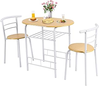 GiantexUK 3-Piece Dining Table Set, Metal Frame Kitchen Table Set with Storage Shelf, 2 Chairs, Compact Breakfast Bar Table Set for Home Kitchen Living Room Apartment Office (Natural + White)