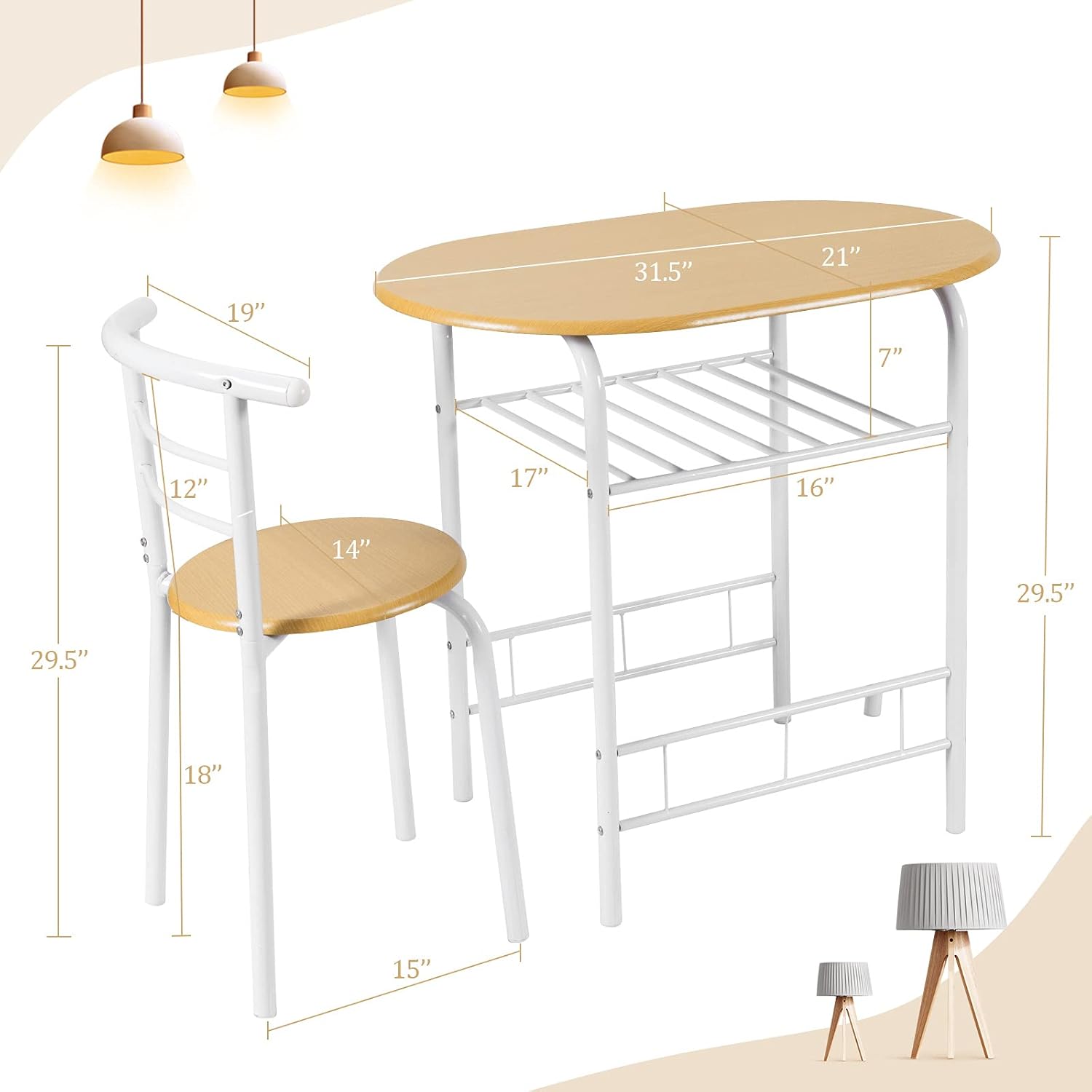 GiantexUK 3-Piece Dining Table Set, Metal Frame Kitchen Table Set with Storage Shelf, 2 Chairs, Compact Breakfast Bar Table Set for Home Kitchen Living Room Apartment Office (Natural + White)-5