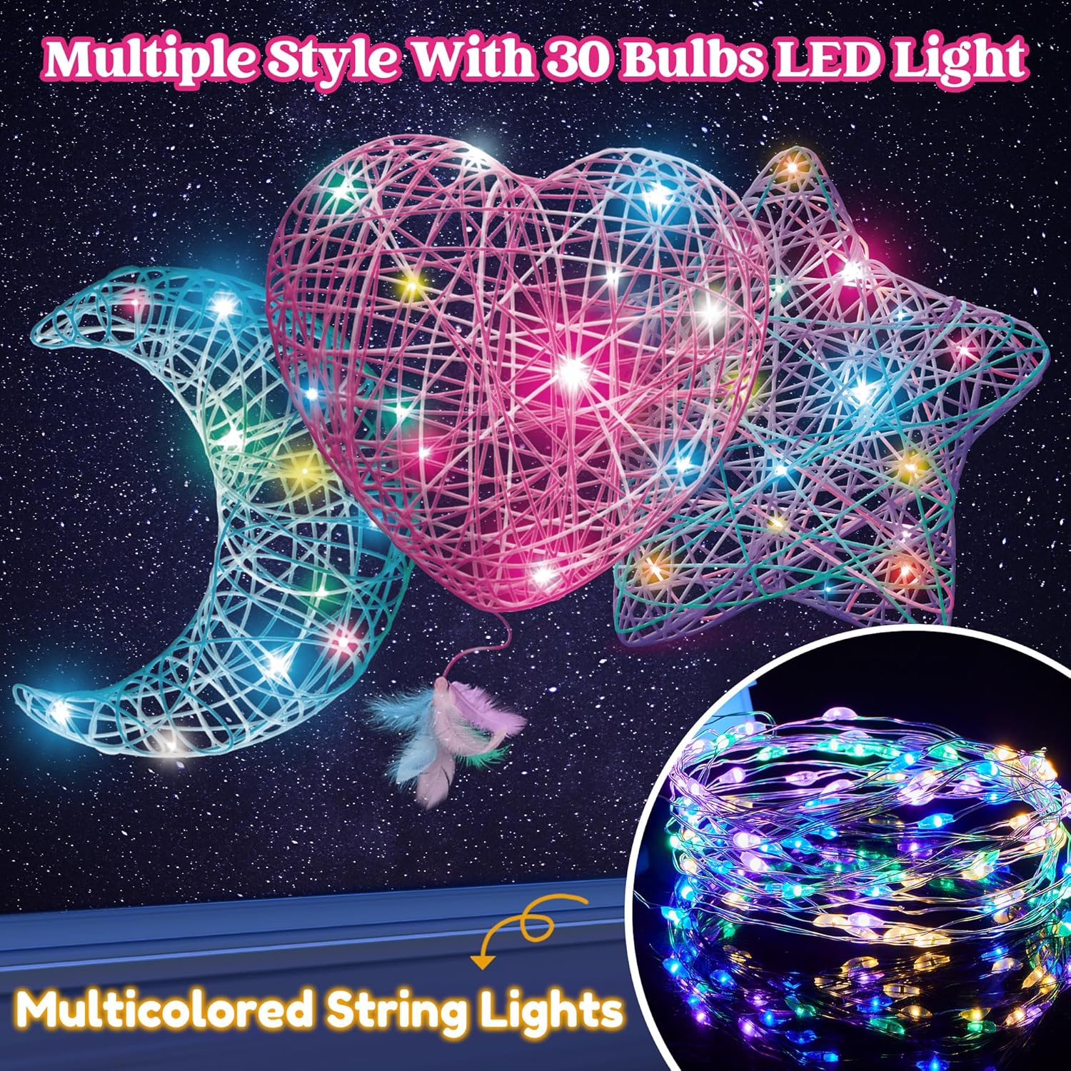 Klever Kits 3D String Art Kit for Kids,Arts and Crafts for Kids Ages 8 9 10 11 12,DIY Lantern Craft Set for Boys Girls,Light Up String Light Toywith 30 Multi-Colored LED Bulbs,Christmas Birthday Gifts-3