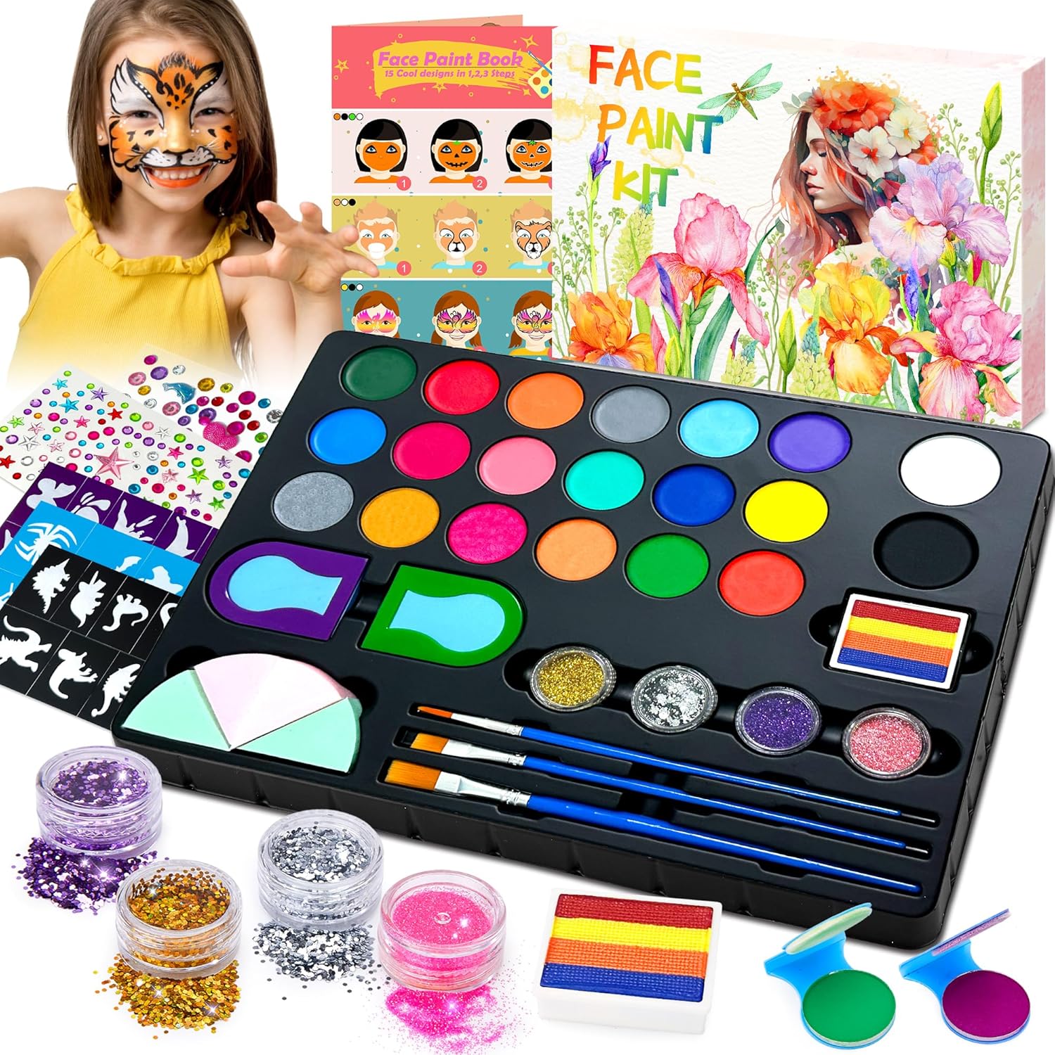 Lubibi Face Paint Set for Kids, 20 Color Face Painting Palette with 4 Metallic Colors, Hair Chalks, Gems, Stencils, Guide Non-Toxic - Water Based - Halloween Carnival Makeup Kit-0