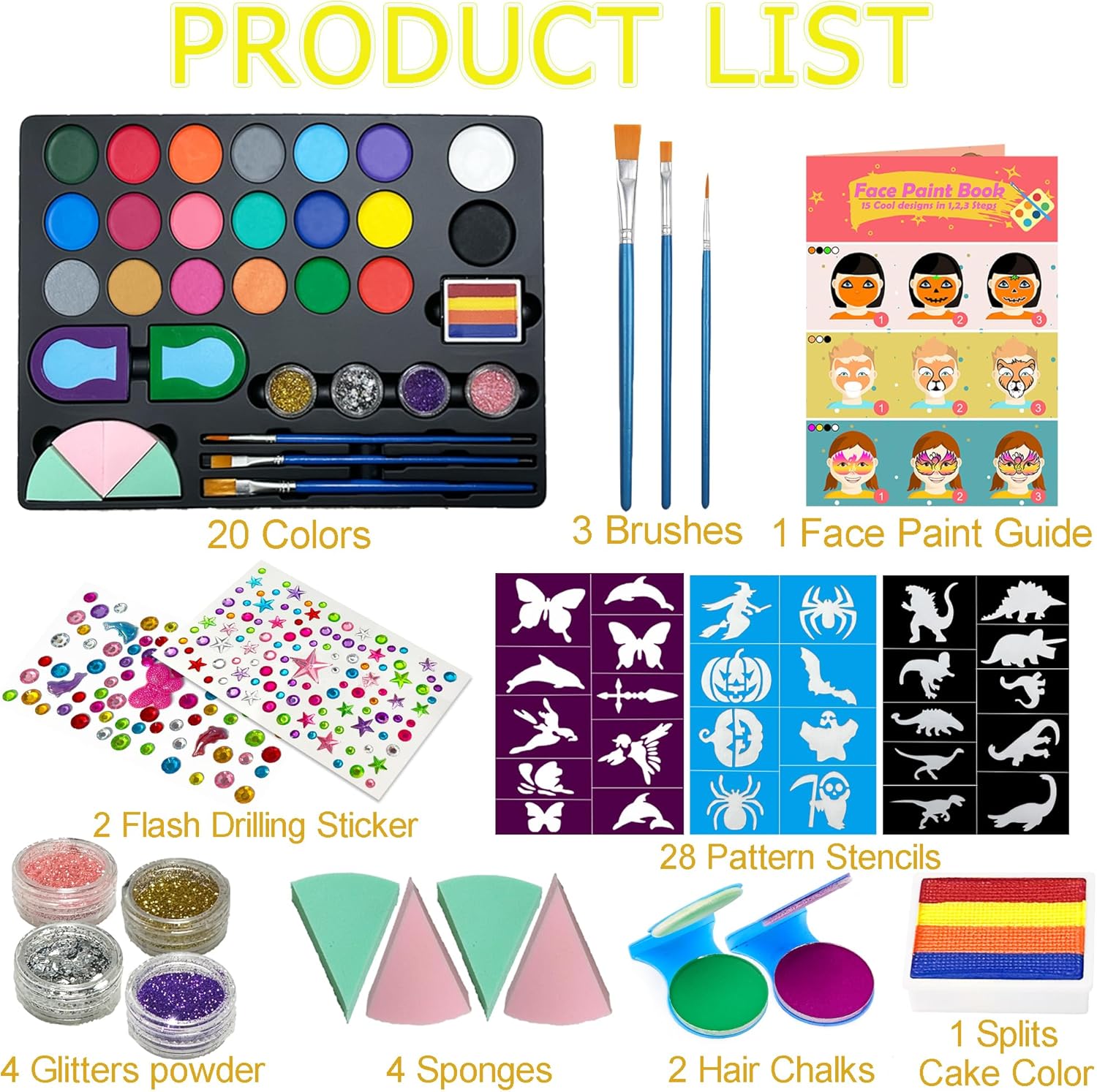 Lubibi Face Paint Set for Kids, 20 Color Face Painting Palette with 4 Metallic Colors, Hair Chalks, Gems, Stencils, Guide Non-Toxic - Water Based - Halloween Carnival Makeup Kit-1