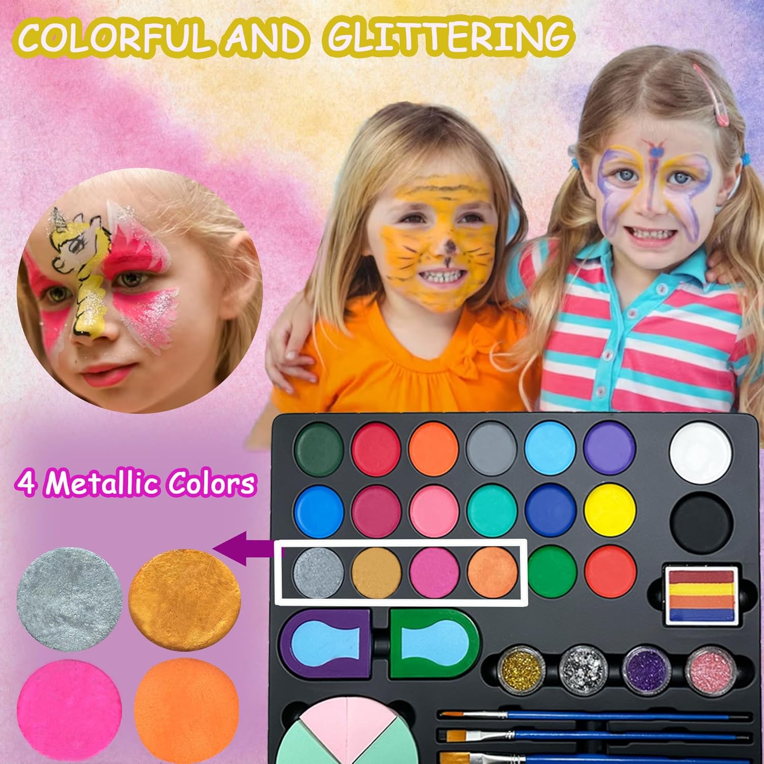 Lubibi Face Paint Set for Kids, 20 Color Face Painting Palette with 4 Metallic Colors, Hair Chalks, Gems, Stencils, Guide Non-Toxic - Water Based - Halloween Carnival Makeup Kit-3