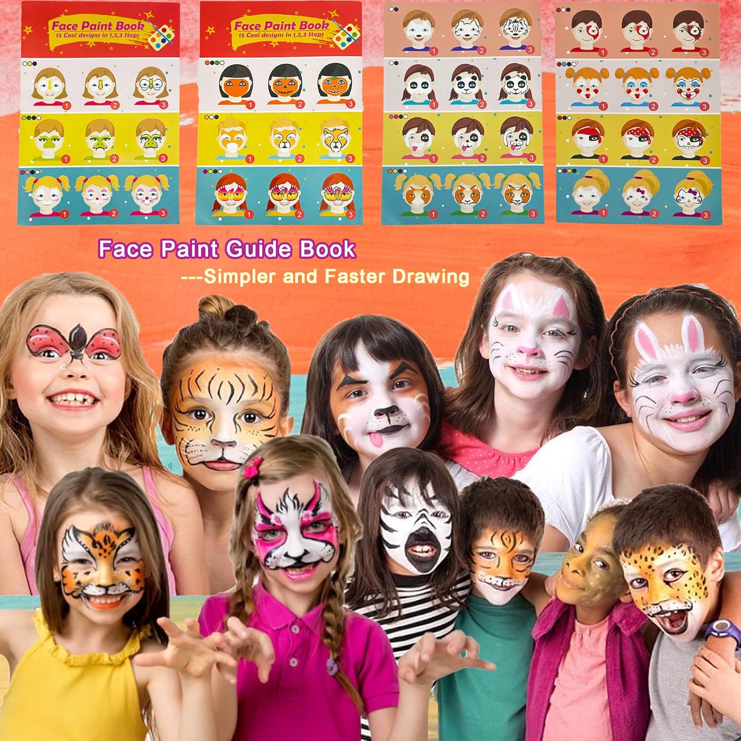 Lubibi Face Paint Set for Kids, 20 Color Face Painting Palette with 4 Metallic Colors, Hair Chalks, Gems, Stencils, Guide Non-Toxic - Water Based - Halloween Carnival Makeup Kit-6