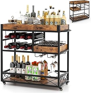 GiantexUK 3-Tier Kitchen Serving Cart, Home Bar Cart Trolley with Wine Rack, Glass Holder, Removable Tray & Handles, Rolling Drinks Trolley on Lockable Wheels (with Removable Top Tray, 80x40x83cm)