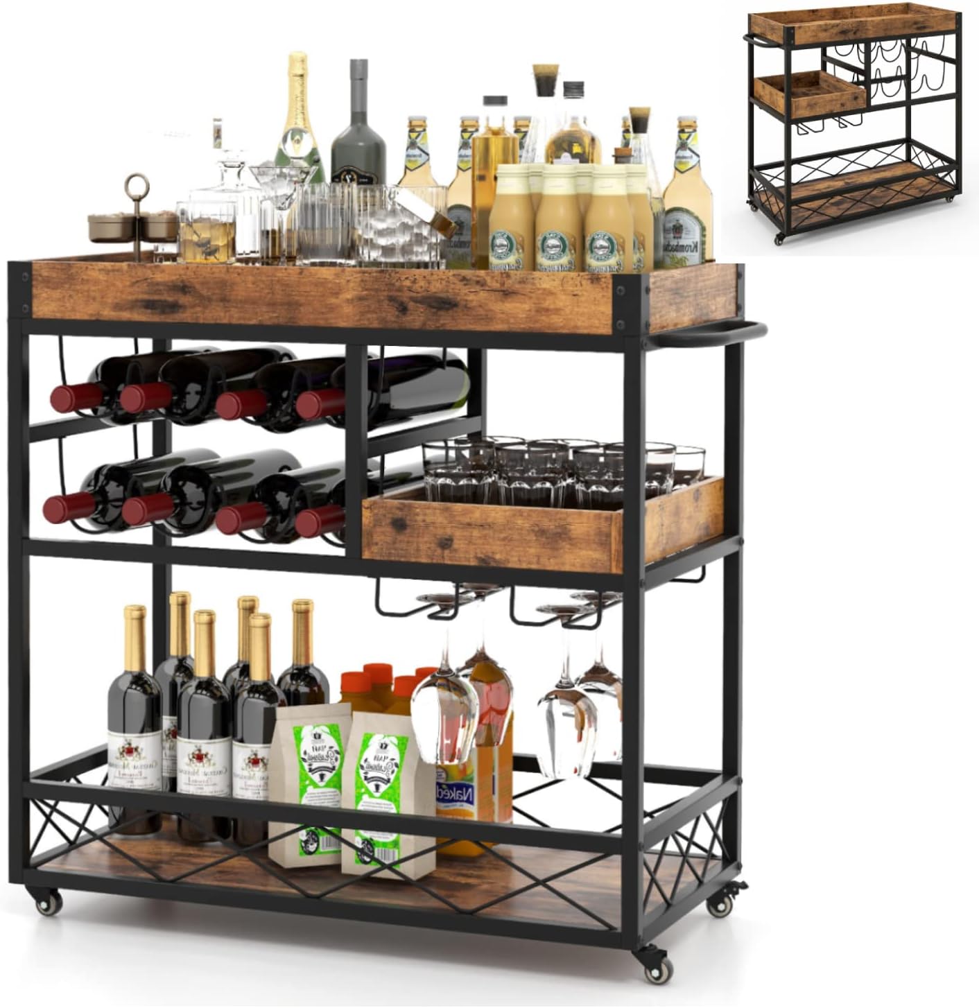 GiantexUK 3-Tier Kitchen Serving Cart, Home Bar Cart Trolley with Wine Rack, Glass Holder, Removable Tray & Handles, Rolling Drinks Trolley on Lockable Wheels (with Removable Top Tray, 80x40x83cm)-0