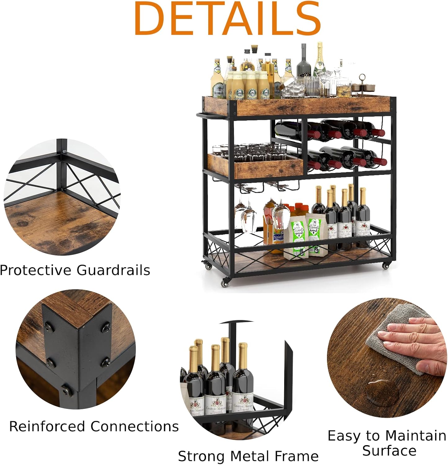 GiantexUK 3-Tier Kitchen Serving Cart, Home Bar Cart Trolley with Wine Rack, Glass Holder, Removable Tray & Handles, Rolling Drinks Trolley on Lockable Wheels (with Removable Top Tray, 80x40x83cm)-3