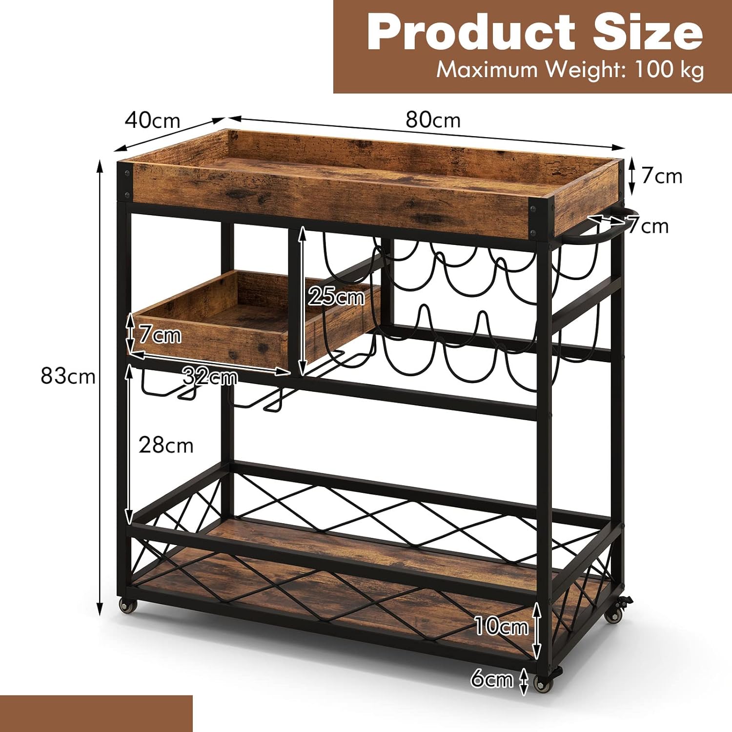 GiantexUK 3-Tier Kitchen Serving Cart, Home Bar Cart Trolley with Wine Rack, Glass Holder, Removable Tray & Handles, Rolling Drinks Trolley on Lockable Wheels (with Removable Top Tray, 80x40x83cm)-4