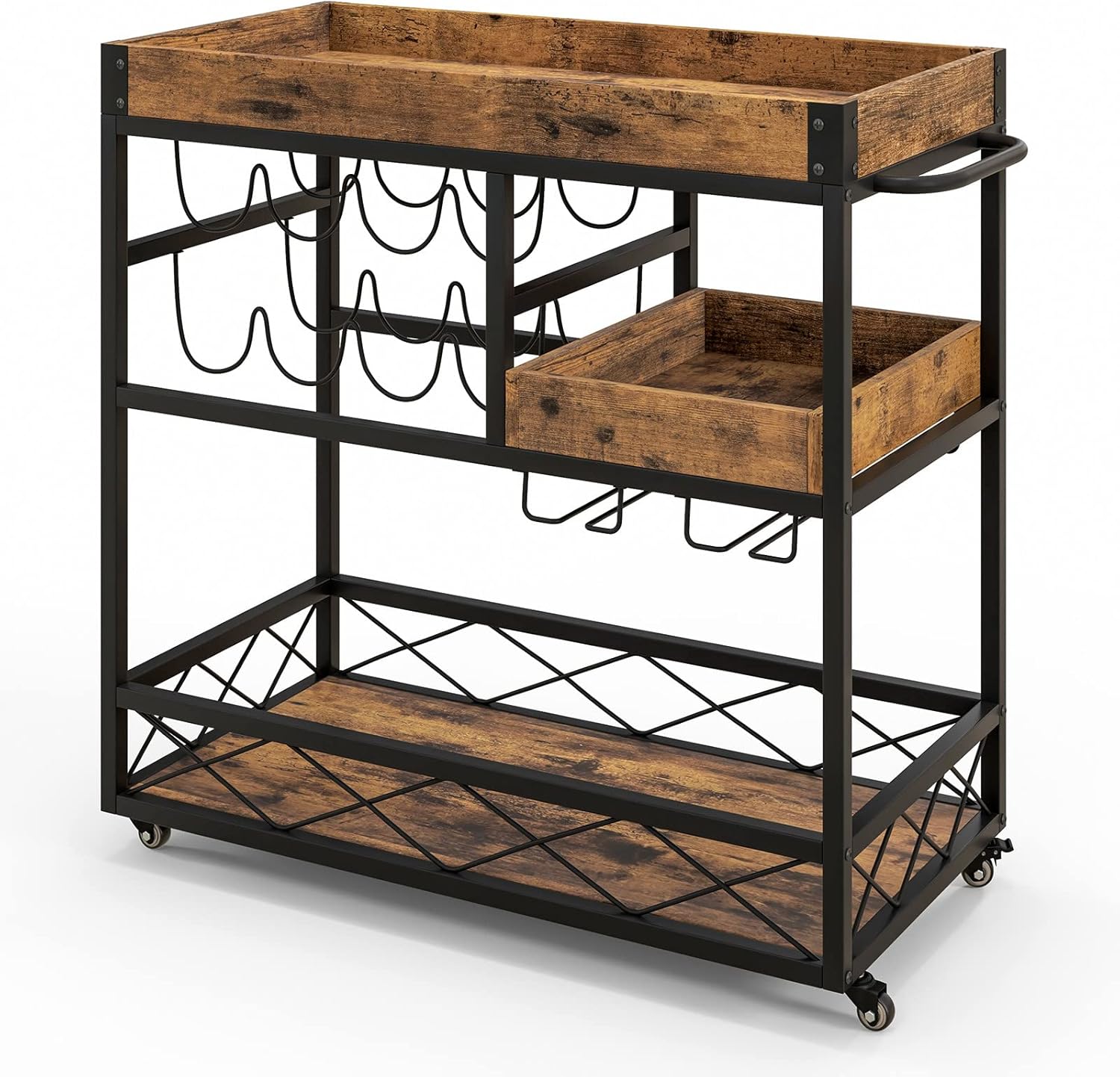 GiantexUK 3-Tier Kitchen Serving Cart, Home Bar Cart Trolley with Wine Rack, Glass Holder, Removable Tray & Handles, Rolling Drinks Trolley on Lockable Wheels (with Removable Top Tray, 80x40x83cm)-5