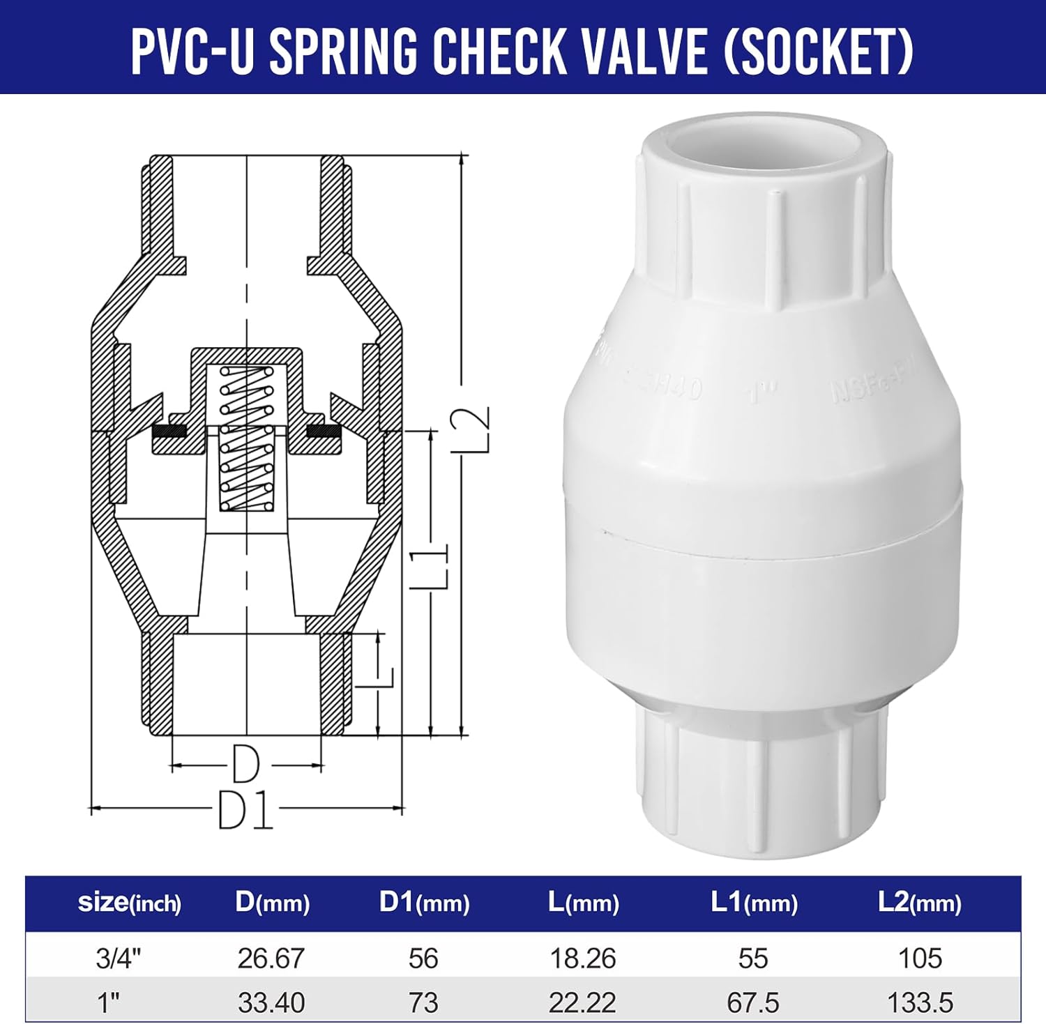 Geetery PVC Inline Check Valve Solvent Connections White Plastic Backflow Preventer Pipe Fittings Check Socket Schedule (2 Pcs, 1 Inch)-1