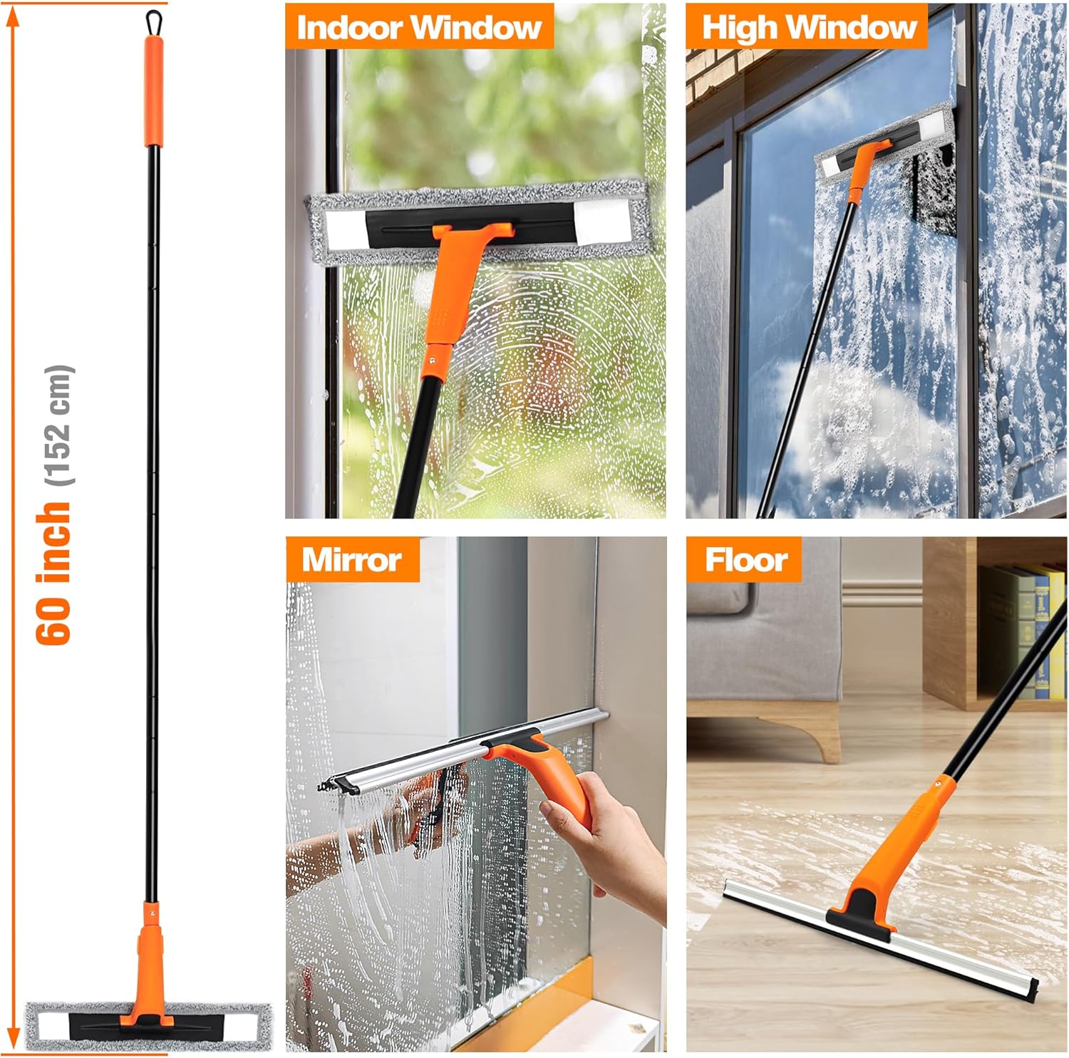 JEHONN Window Shower Squeegee for Glass Door with 152 CM Long Handle, Professional Floor Squeegee Mop for Cleaning Garage Tile Concrete Mirror Windshield Bathroom Home Car-2