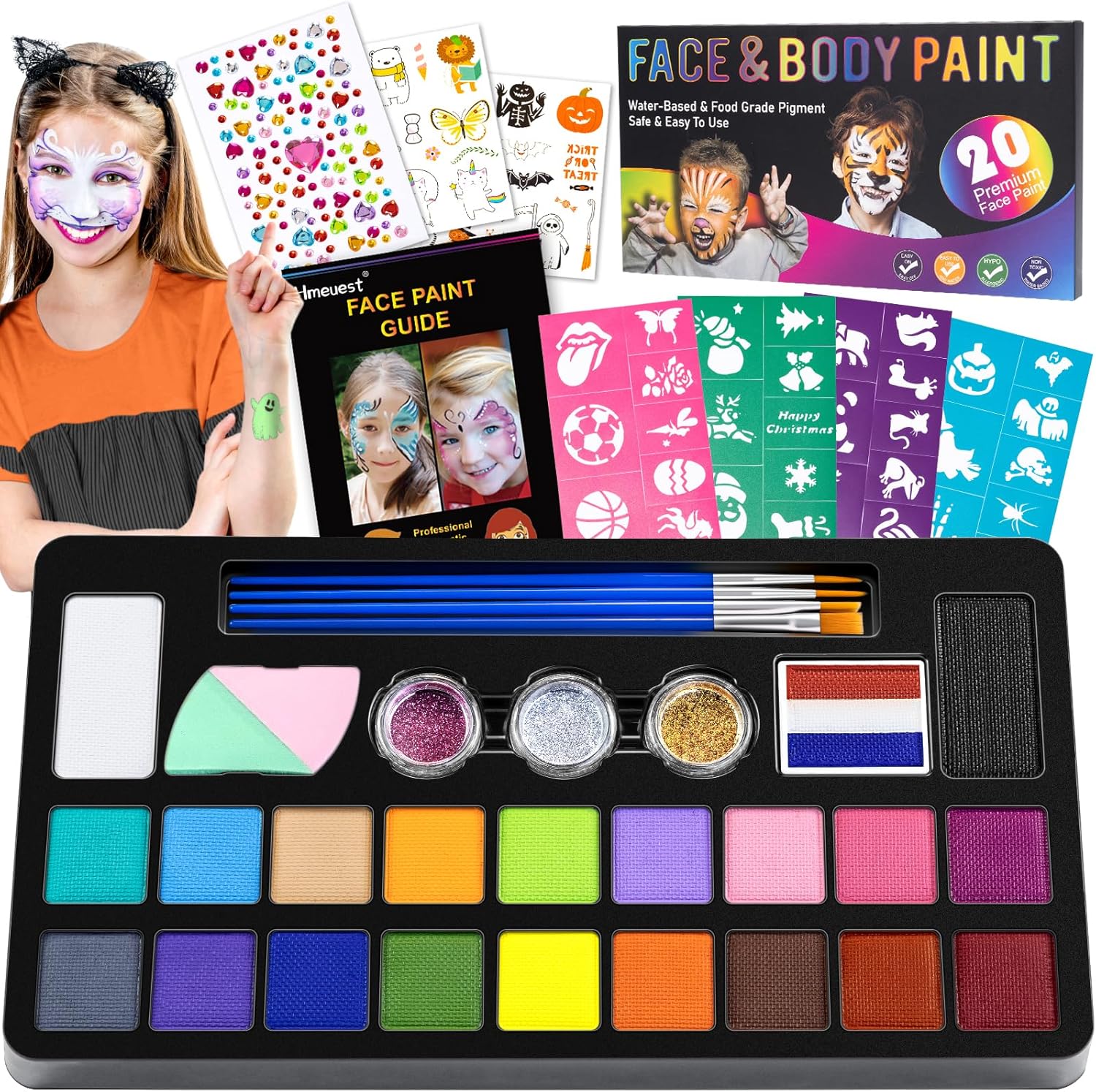 Face Painting Kit, 20 Colors Face Paints for Children, Non-Toxic & Washable Face Piant for Halloween Make Up, Including Glitter, Stencil, Tattoo for Kids - Unique Gift-0