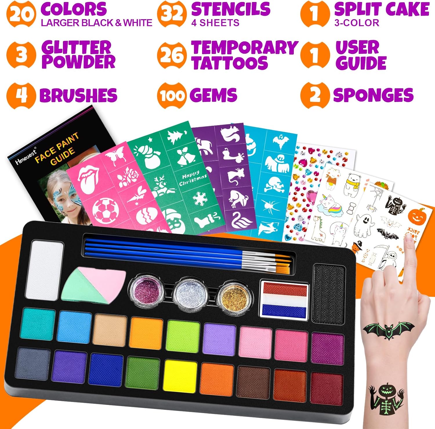 Face Painting Kit, 20 Colors Face Paints for Children, Non-Toxic & Washable Face Piant for Halloween Make Up, Including Glitter, Stencil, Tattoo for Kids - Unique Gift-2