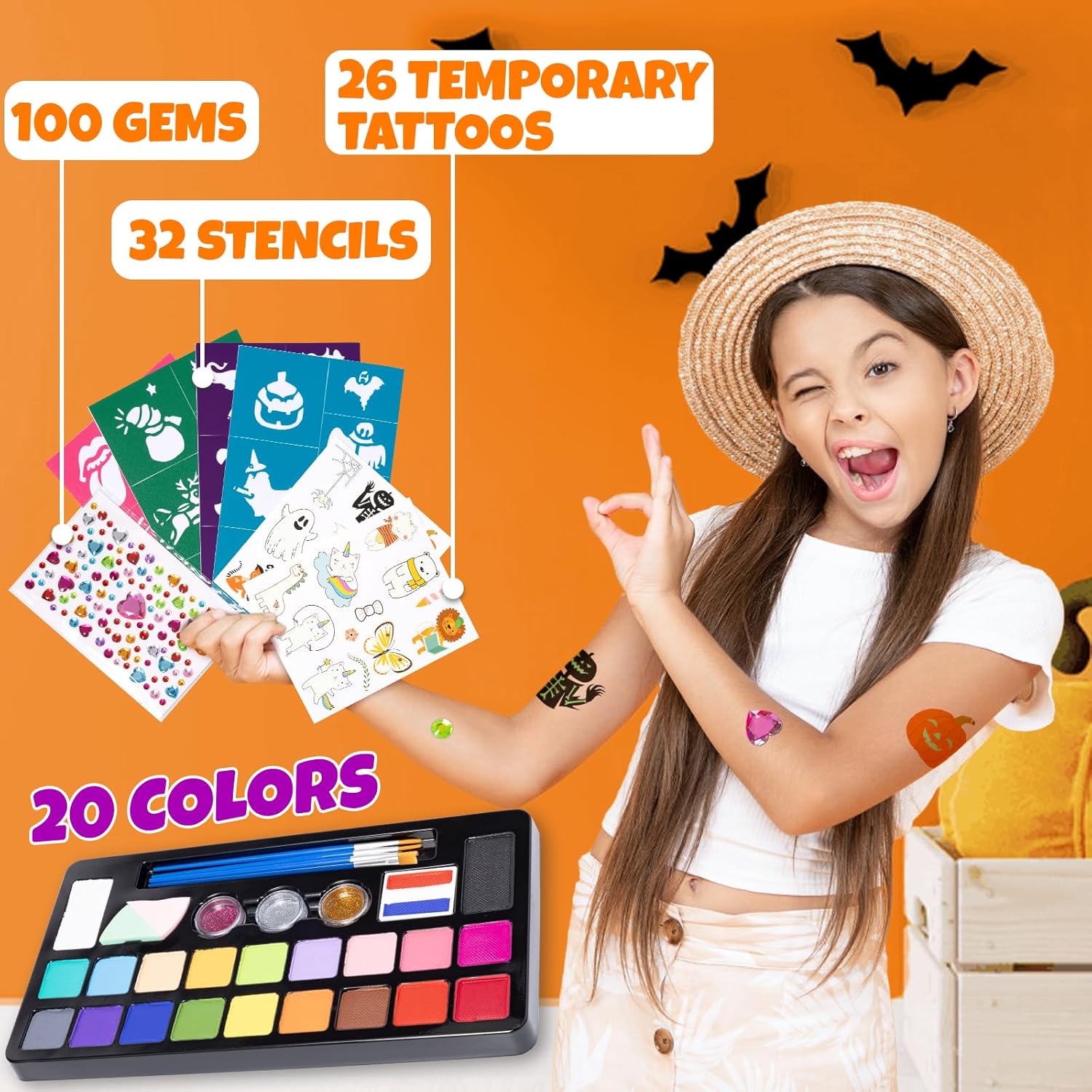 Face Painting Kit, 20 Colors Face Paints for Children, Non-Toxic & Washable Face Piant for Halloween Make Up, Including Glitter, Stencil, Tattoo for Kids - Unique Gift-3