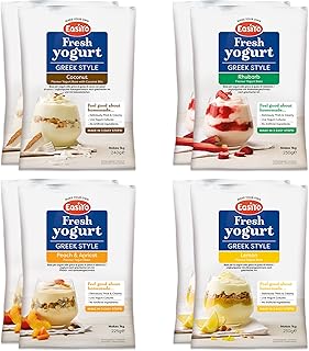 EasiYo Yogurt 8 Sachet Pack | EasiYo Greek Style Mixed Pack | 2 x Greek Style Coconut 2 x Greek Style Rhubarb 2 x Greek Style Peach & Apricot 2 x Greek Style Lemon | Each Sachet Makes 1kg of Yogurt