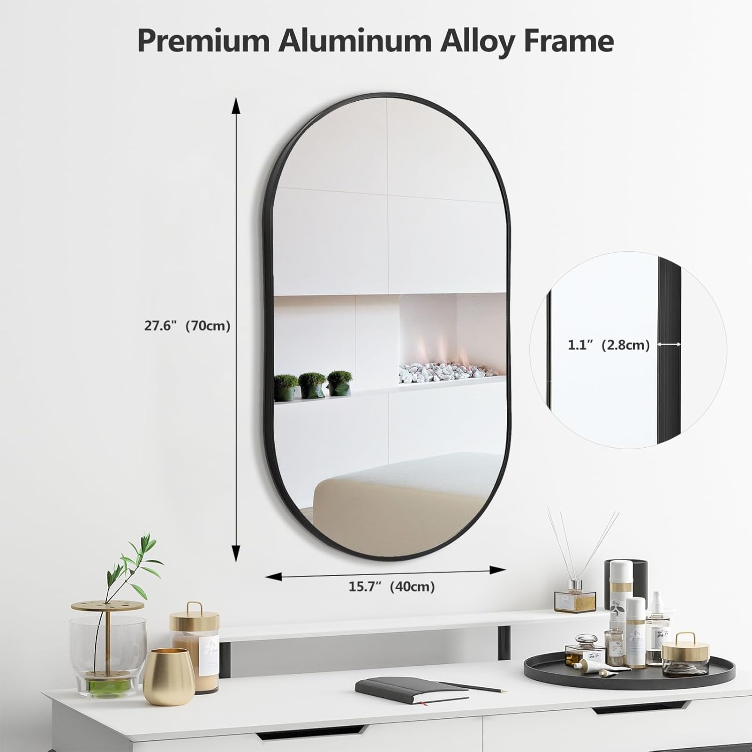 Warmiehomy Bathroom Mirror Wall Mounted Oval Mirror Makeup Dressing Mirror Frame Mirror for Bathroom Living Room Bedroom (40 x 70 cm, Black)-1