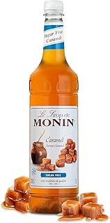 Monin Premium Sugar-Free Caramel Syrup for Coffee, Cocktails, & Desserts | Rich & Buttery Flavoured Sugar-Free Coffee Syrup with Monin Syrup Recipe Card | 1L Bottle