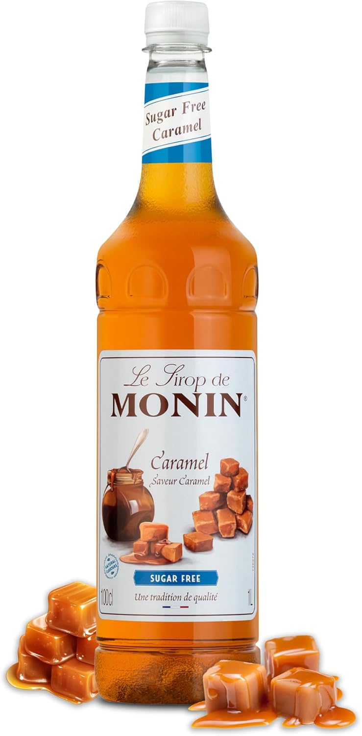 Monin Premium Sugar-Free Caramel Syrup for Coffee, Cocktails, & Desserts | Rich & Buttery Flavoured Sugar-Free Coffee Syrup with Monin Syrup Recipe Card | 1L Bottle-0