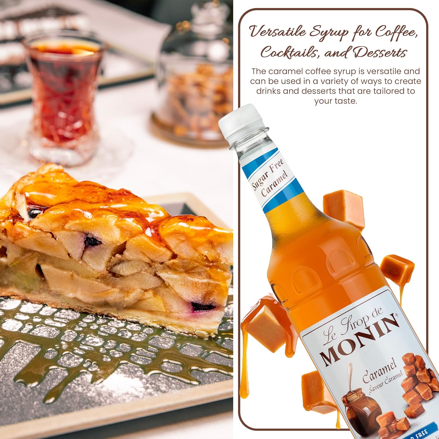 Monin Premium Sugar-Free Caramel Syrup for Coffee, Cocktails, & Desserts | Rich & Buttery Flavoured Sugar-Free Coffee Syrup with Monin Syrup Recipe Card | 1L Bottle-1