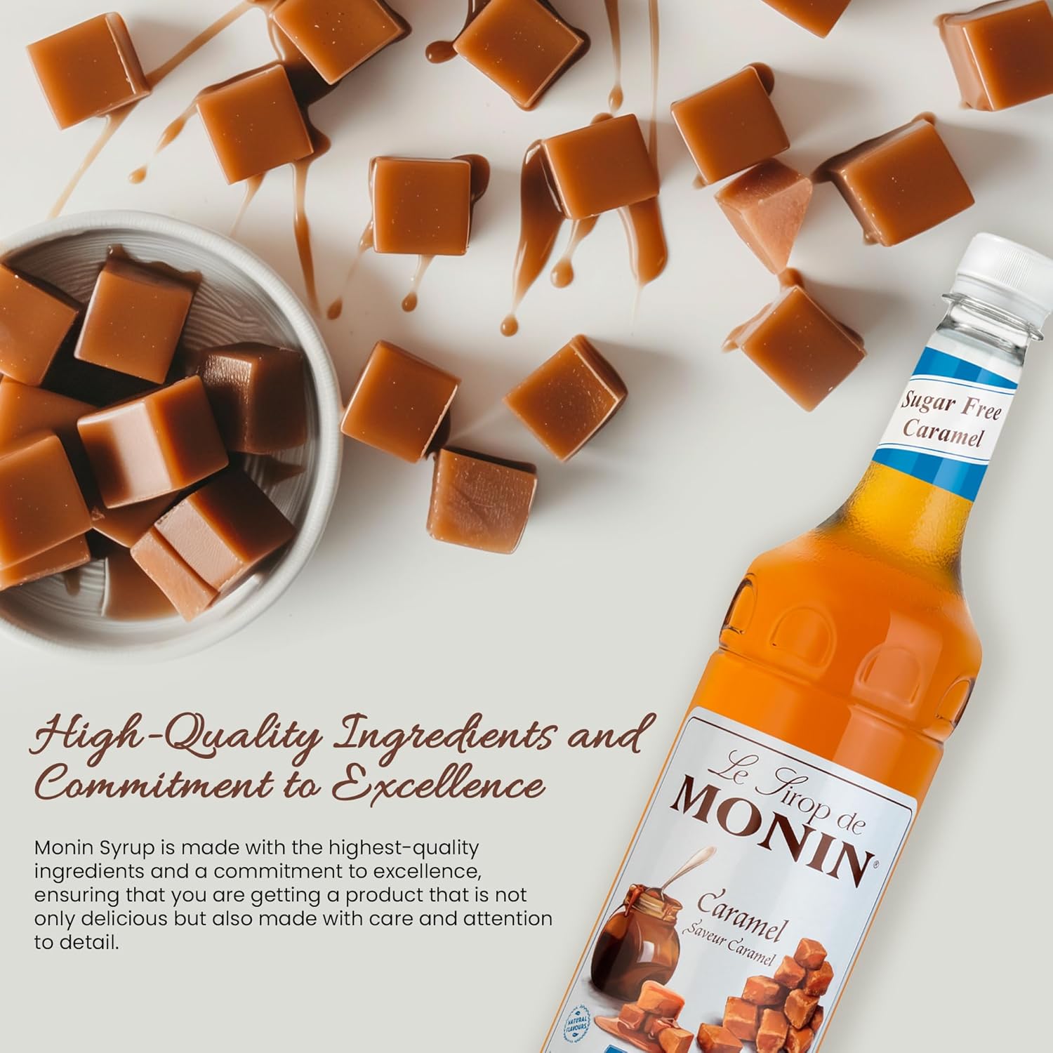 Monin Premium Sugar-Free Caramel Syrup for Coffee, Cocktails, & Desserts | Rich & Buttery Flavoured Sugar-Free Coffee Syrup with Monin Syrup Recipe Card | 1L Bottle-3