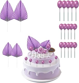 VHIMASA 19PCS Cake Decorations Set Balloon Cake Topper Paper Palm Cake Decorations Round Ball Cake Toppers Cake Insert Cupcake Topper for Birthday Party Wedding (Purple)