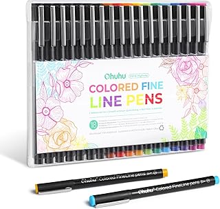 Ohuhu Fineliner Pens 18 Pack, 11 Colours Drawing Pens(0.45mm) & 6 Black FIneliners and A Brush Pen - Waterproof ink pens for hand lettering, sketching, artistic illustration, technical drawing