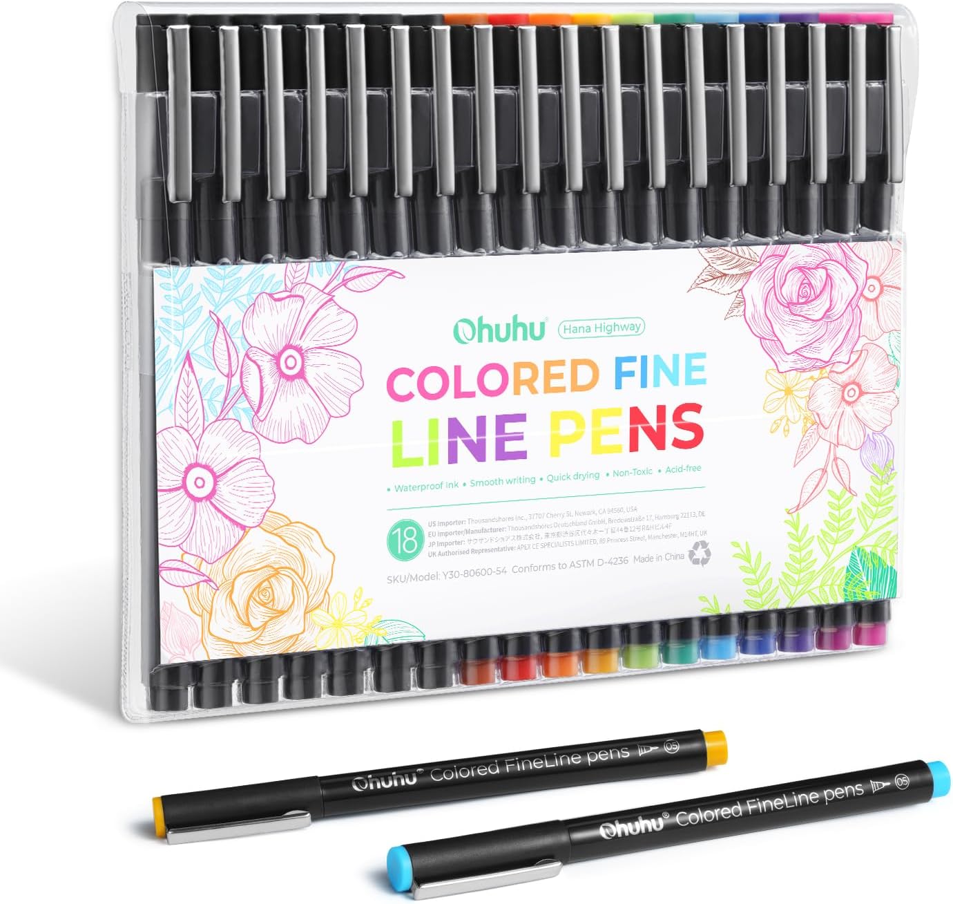 Ohuhu Fineliner Pens 18 Pack, 11 Colours Drawing Pens(0.45mm) & 6 Black FIneliners and A Brush Pen - Waterproof ink pens for hand lettering, sketching, artistic illustration, technical drawing-0