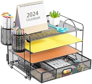 Marbrasse Desk Organiser Tray,White Paper Trays for Desk,4 Tier Letter Tray Organiser With Drawer&2 Pen Holders,Mesh Desk Tidy Organizer Storage For Home Office Supplies (Black)