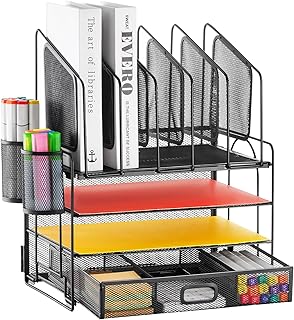 Marbrasse Desk Organiser Tray,4 Tier Paper Letter Tray Organiser with Drawer,2Pen Holders,Mesh Desktop Organizer Storage for Home Office Supplies(Vertical stand) (Black Vertical)