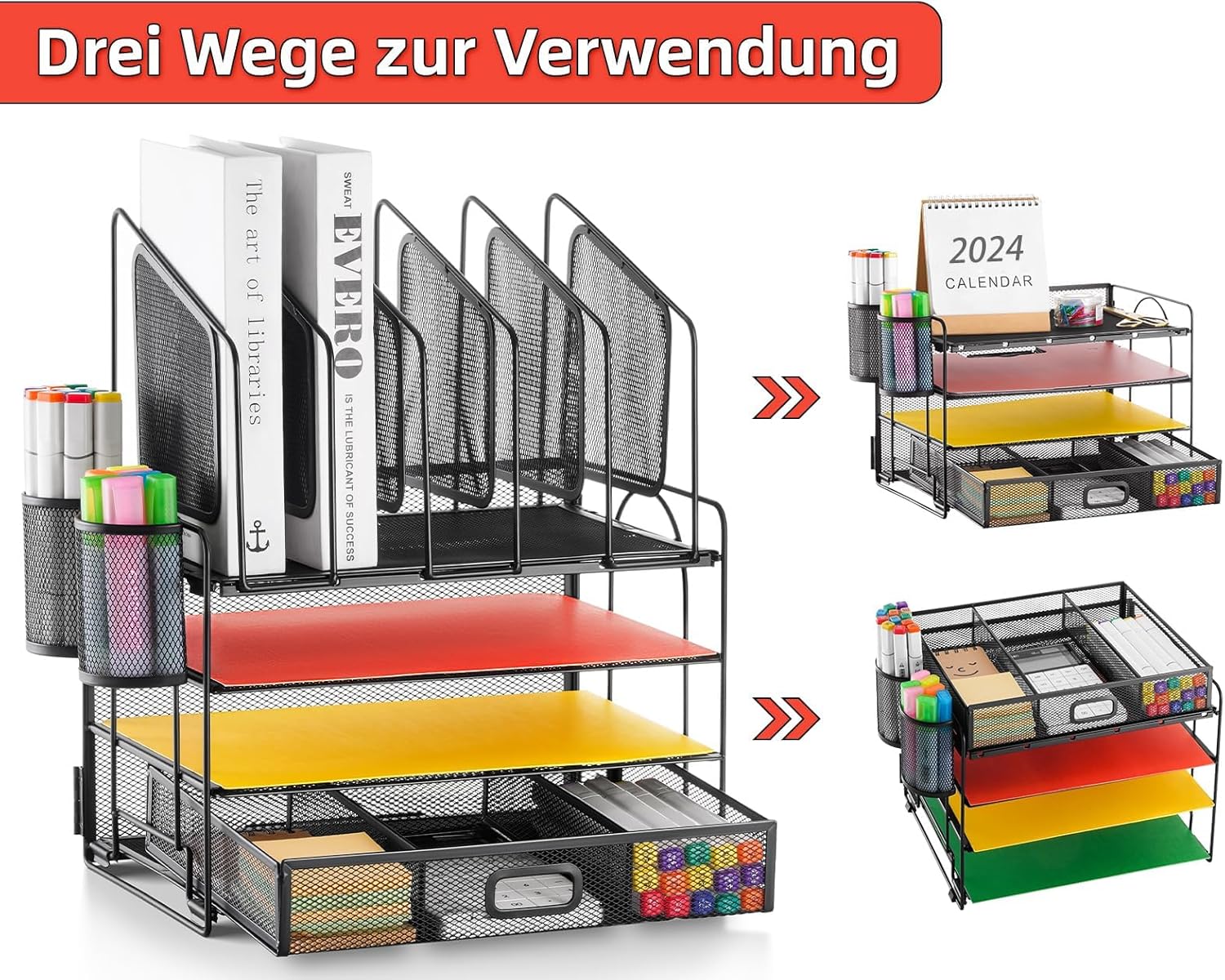 Marbrasse Desk Organiser Tray,4 Tier Paper Letter Tray Organiser with Drawer,2Pen Holders,Mesh Desktop Organizer Storage for Home Office Supplies(Vertical stand) (Black Vertical)-1