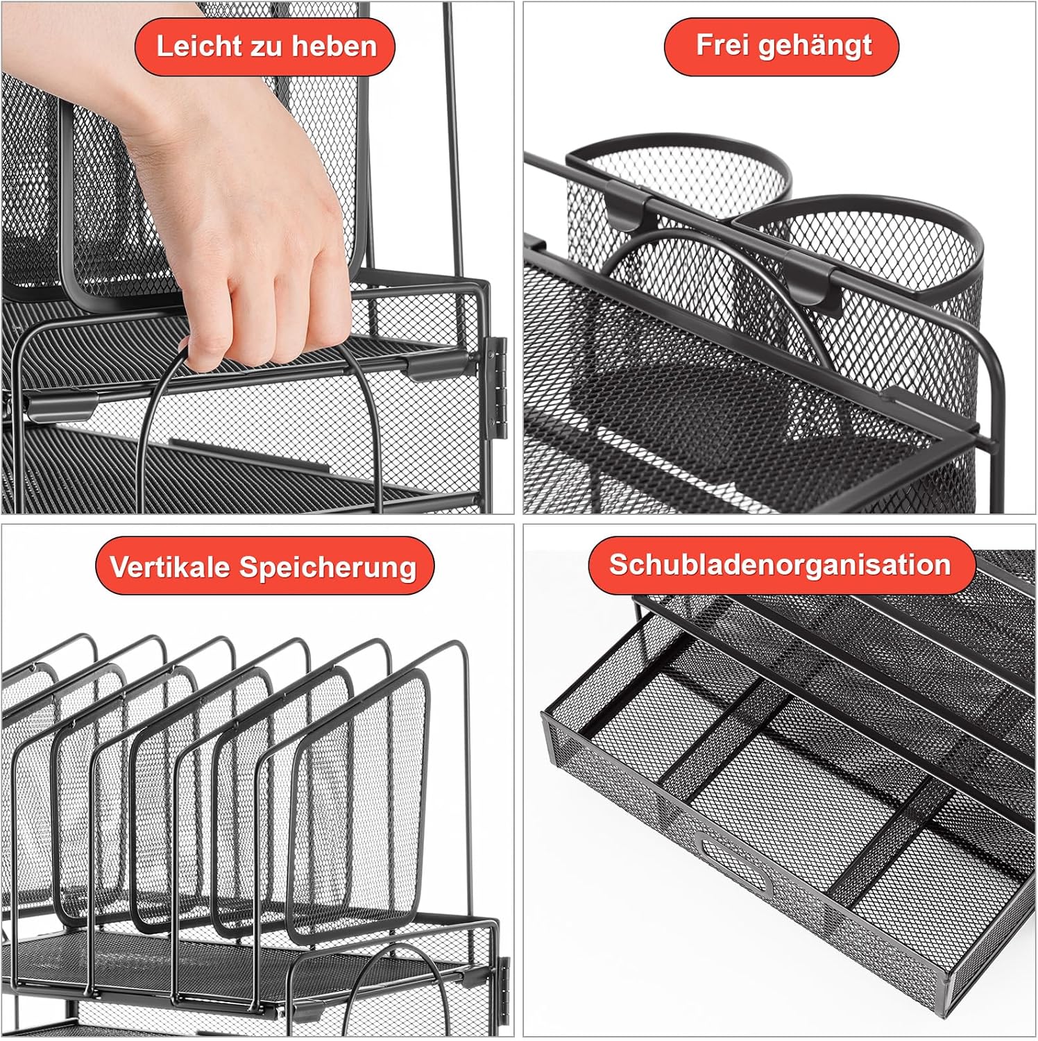 Marbrasse Desk Organiser Tray,4 Tier Paper Letter Tray Organiser with Drawer,2Pen Holders,Mesh Desktop Organizer Storage for Home Office Supplies(Vertical stand) (Black Vertical)-2