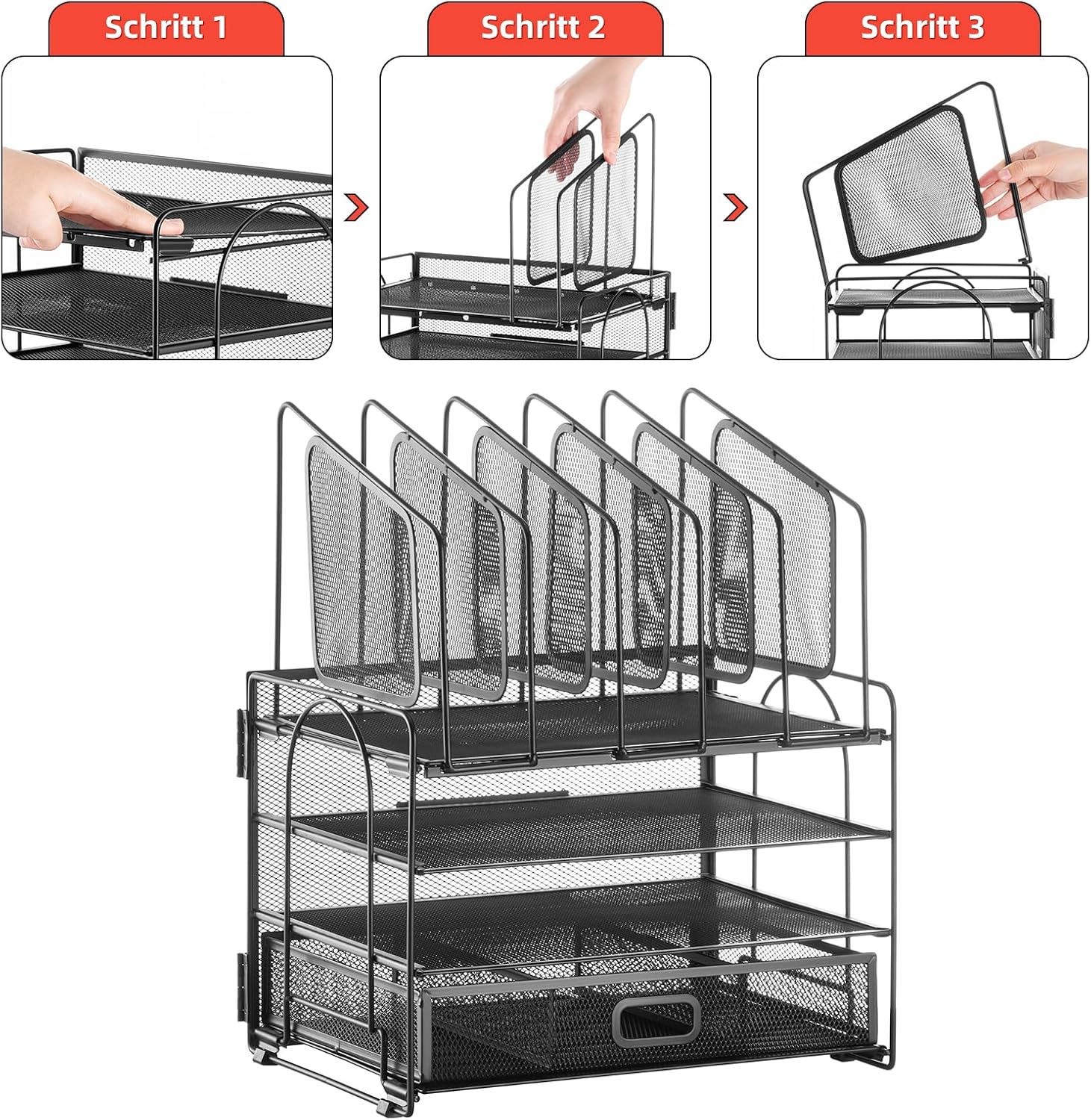 Marbrasse Desk Organiser Tray,4 Tier Paper Letter Tray Organiser with Drawer,2Pen Holders,Mesh Desktop Organizer Storage for Home Office Supplies(Vertical stand) (Black Vertical)-3