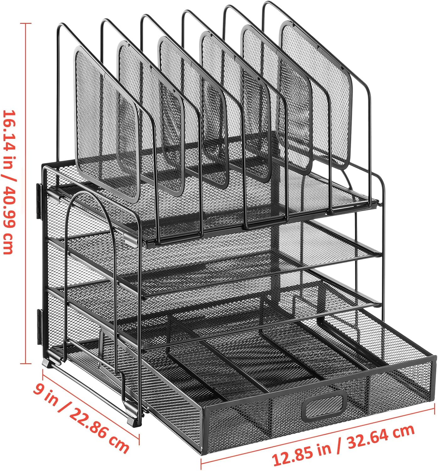 Marbrasse Desk Organiser Tray,4 Tier Paper Letter Tray Organiser with Drawer,2Pen Holders,Mesh Desktop Organizer Storage for Home Office Supplies(Vertical stand) (Black Vertical)-4