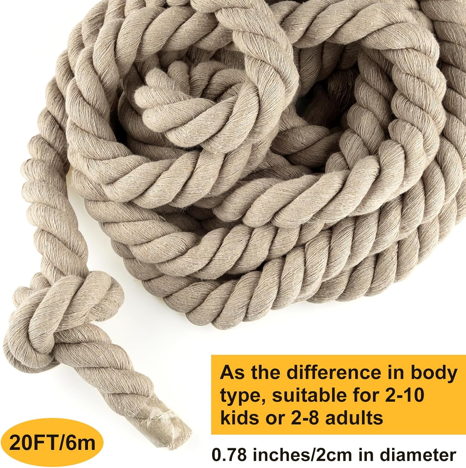 NEBURORA 20FT Tug of War Rope for Kids and Adults Outdoor Games Field Day Family Reunion Summer Outside Yard Backyard Lawn Camping Picnic Carnival Party Games Khaki-2