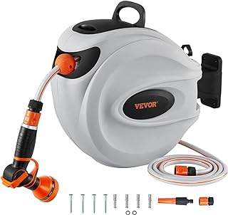 VEVOR Retractable Hose Reel, 82 ft x 1/2 inch, 180° Swivel Bracket Wall-Mounted, Garden Water Hose Reel with 9-Pattern Nozzle and 3 Fast Adaptors, Automatic Rewind, Lock at Any Length