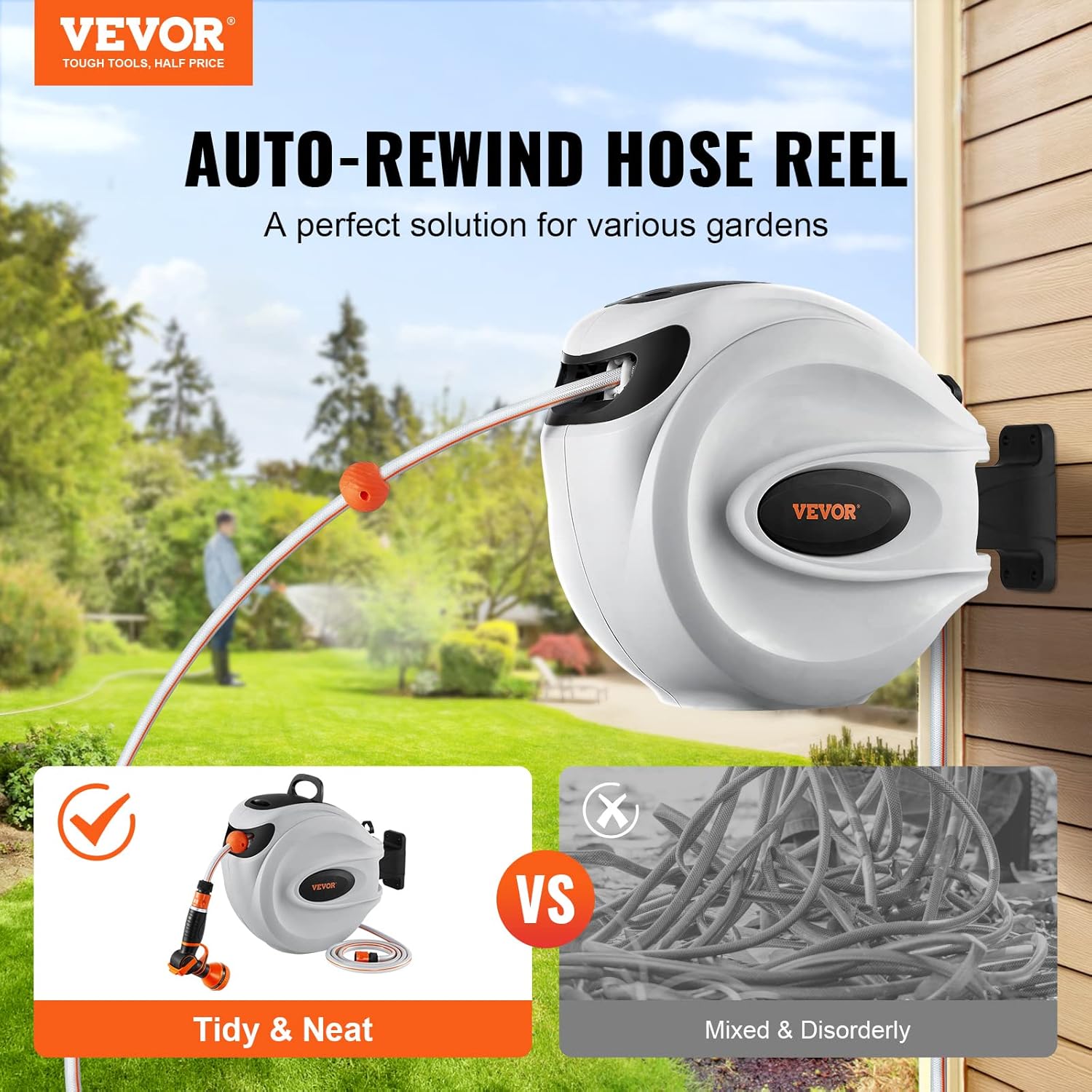 VEVOR Retractable Hose Reel, 82 ft x 1/2 inch, 180° Swivel Bracket Wall-Mounted, Garden Water Hose Reel with 9-Pattern Nozzle and 3 Fast Adaptors, Automatic Rewind, Lock at Any Length-1