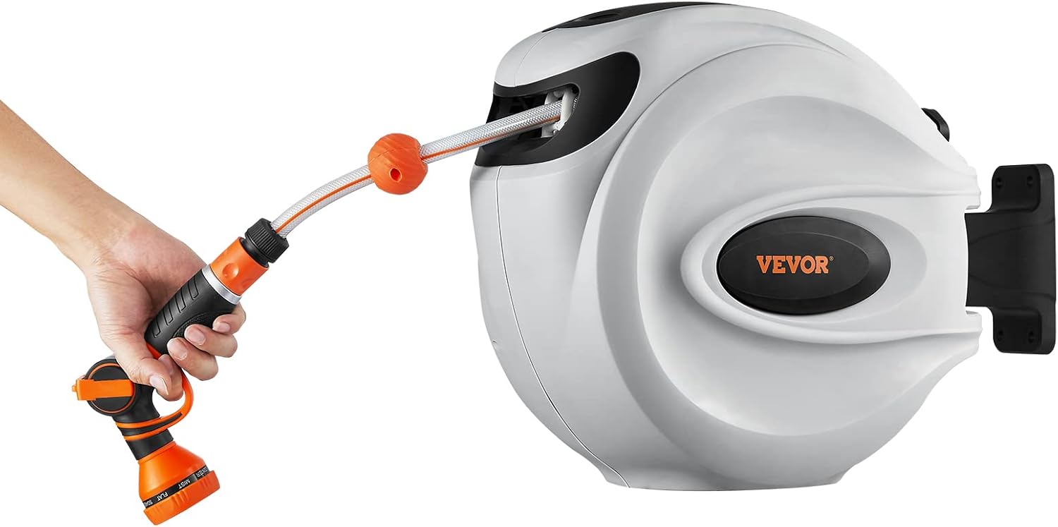 VEVOR Retractable Hose Reel, 82 ft x 1/2 inch, 180° Swivel Bracket Wall-Mounted, Garden Water Hose Reel with 9-Pattern Nozzle and 3 Fast Adaptors, Automatic Rewind, Lock at Any Length-11