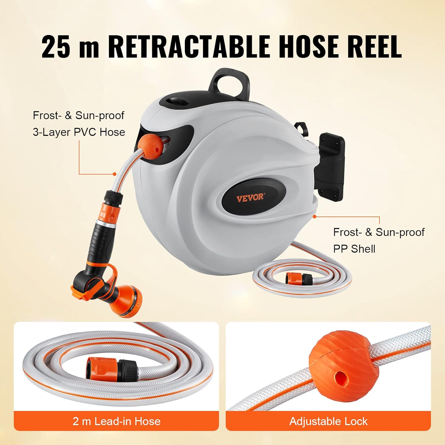 VEVOR Retractable Hose Reel, 82 ft x 1/2 inch, 180° Swivel Bracket Wall-Mounted, Garden Water Hose Reel with 9-Pattern Nozzle and 3 Fast Adaptors, Automatic Rewind, Lock at Any Length-5