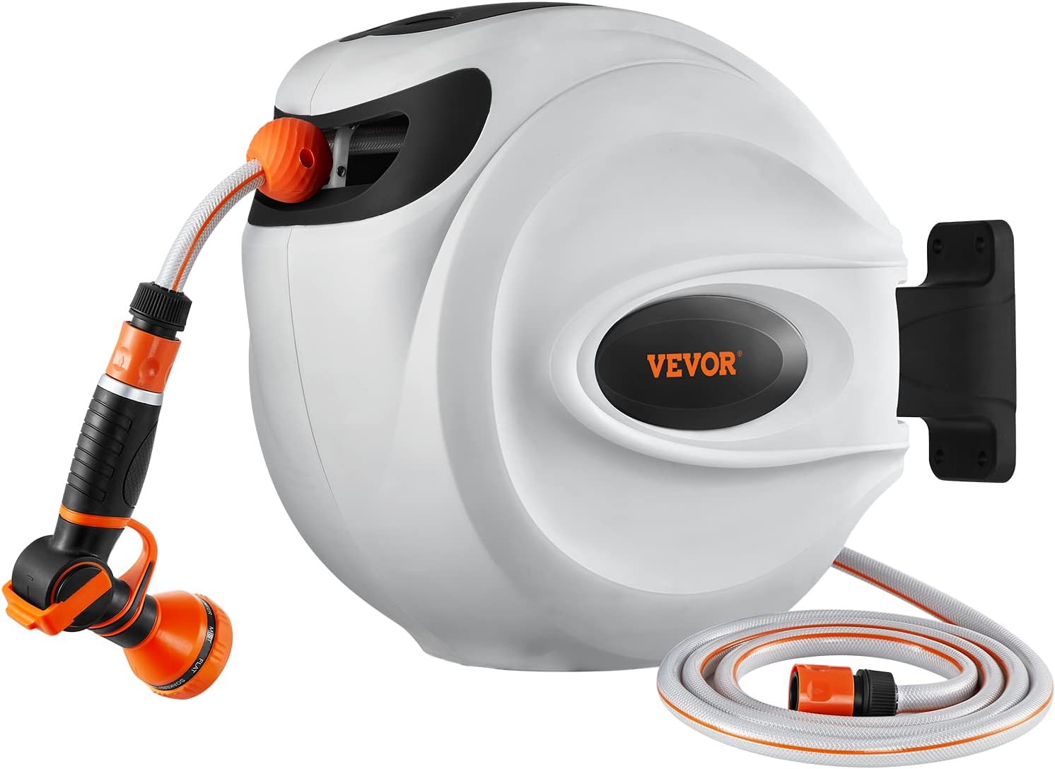 VEVOR Retractable Hose Reel, 82 ft x 1/2 inch, 180° Swivel Bracket Wall-Mounted, Garden Water Hose Reel with 9-Pattern Nozzle and 3 Fast Adaptors, Automatic Rewind, Lock at Any Length-9