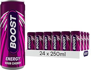 Boost Energy Drink Cherry Flavour - 24 Pack Drinks with Caffeine, Taurine and Vitamin B Carbonated Energy Drinks Gluten Free Vegan Low Calorie Fizzy Drinks Multipack 24x250ml