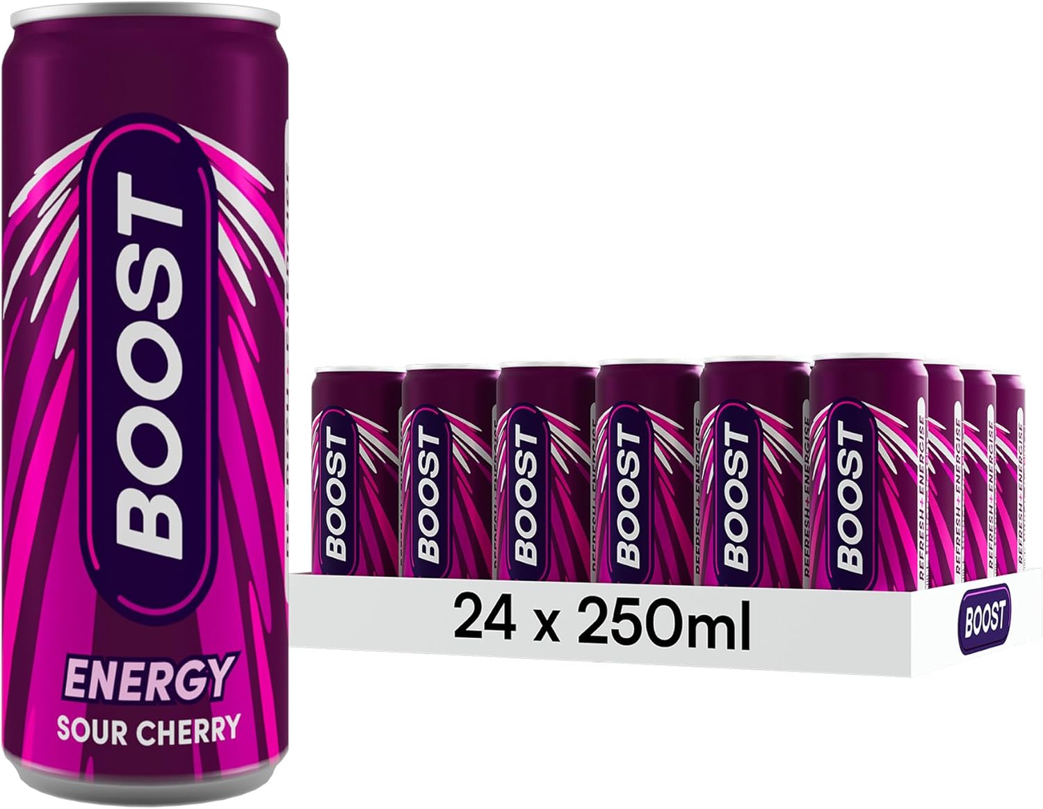 Boost Energy Drink Cherry Flavour - 24 Pack Drinks with Caffeine, Taurine and Vitamin B Carbonated Energy Drinks Gluten Free Vegan Low Calorie Fizzy Drinks Multipack 24x250ml-0