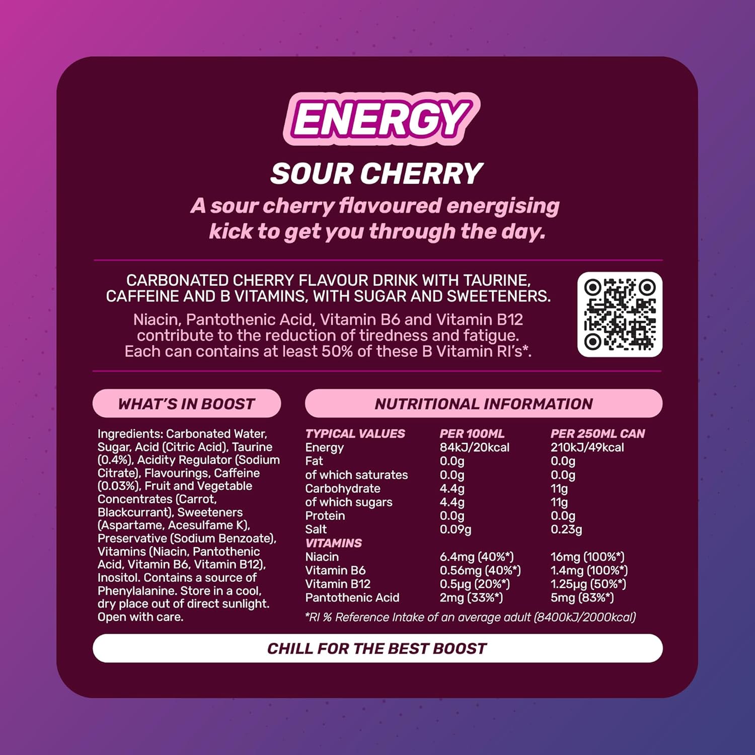 Boost Energy Drink Cherry Flavour - 24 Pack Drinks with Caffeine, Taurine and Vitamin B Carbonated Energy Drinks Gluten Free Vegan Low Calorie Fizzy Drinks Multipack 24x250ml-6