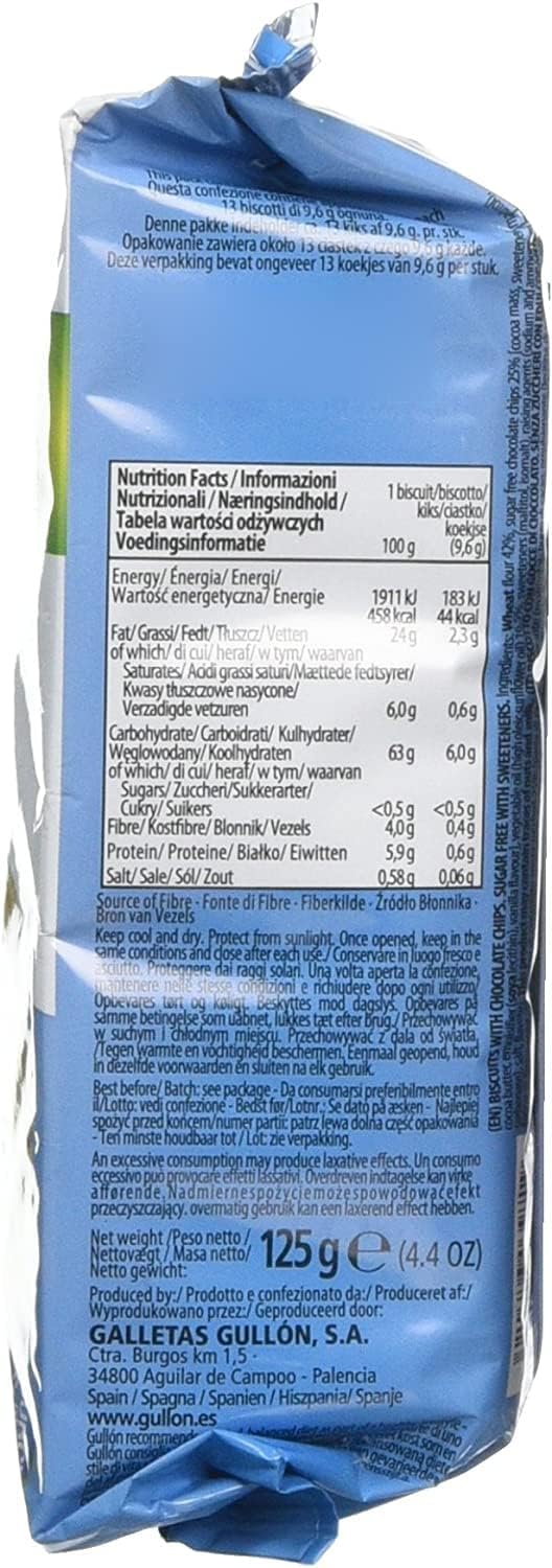 Gullon Sugar Free Chocolate chip biscuits cookies 125g x 4, Sugar free snack is great choice for diabetics Gift for family and friends-3