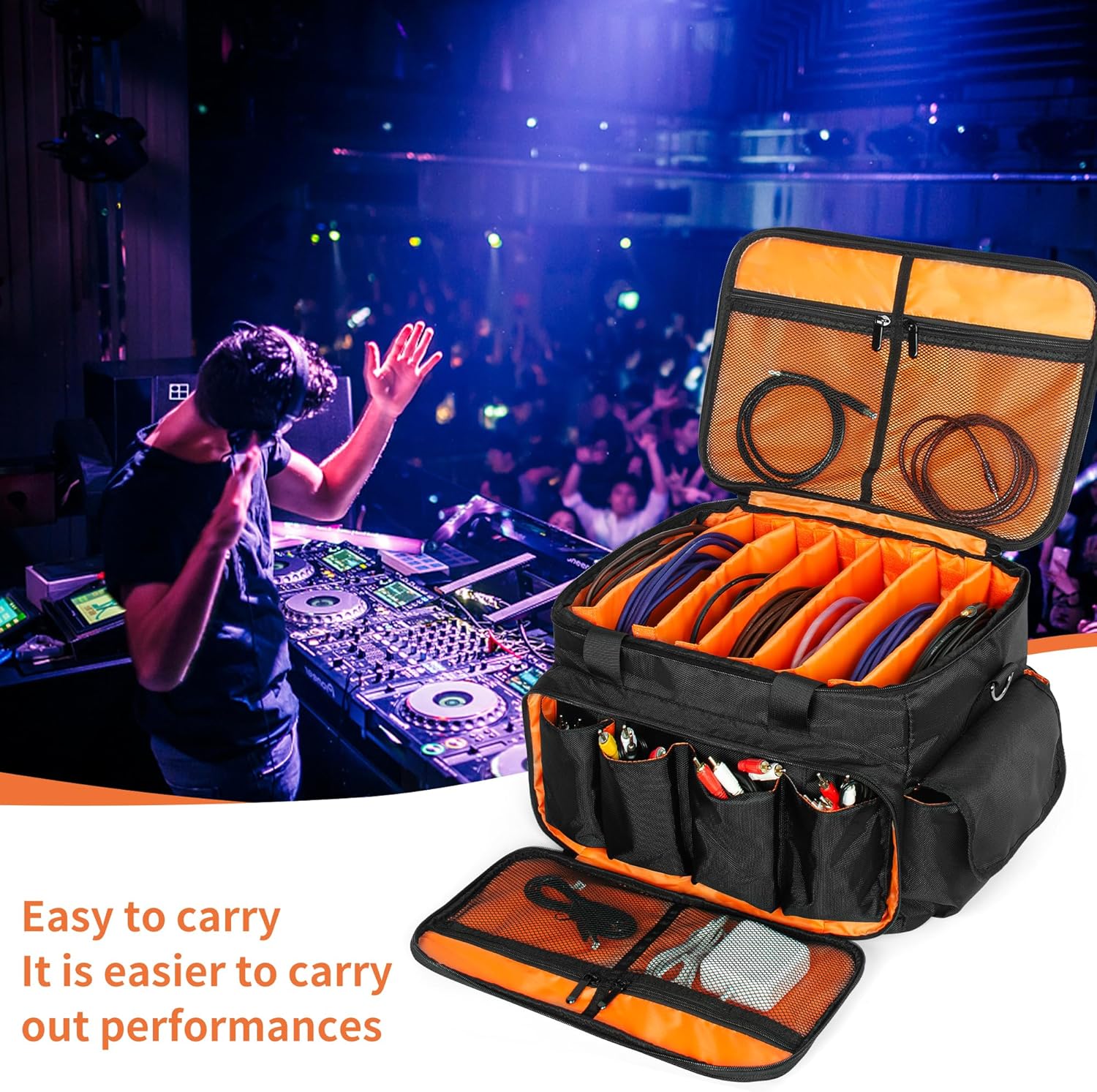 BQKOZFIN DJ Cable File Bag,1680D Nylon DJ Equipment Gig Bag with Detachable Dividers & Padded Bottom, Travel DJ Wire Bag for Professional DJ Gear, Musical Instrument & Accessories (Medium)-7