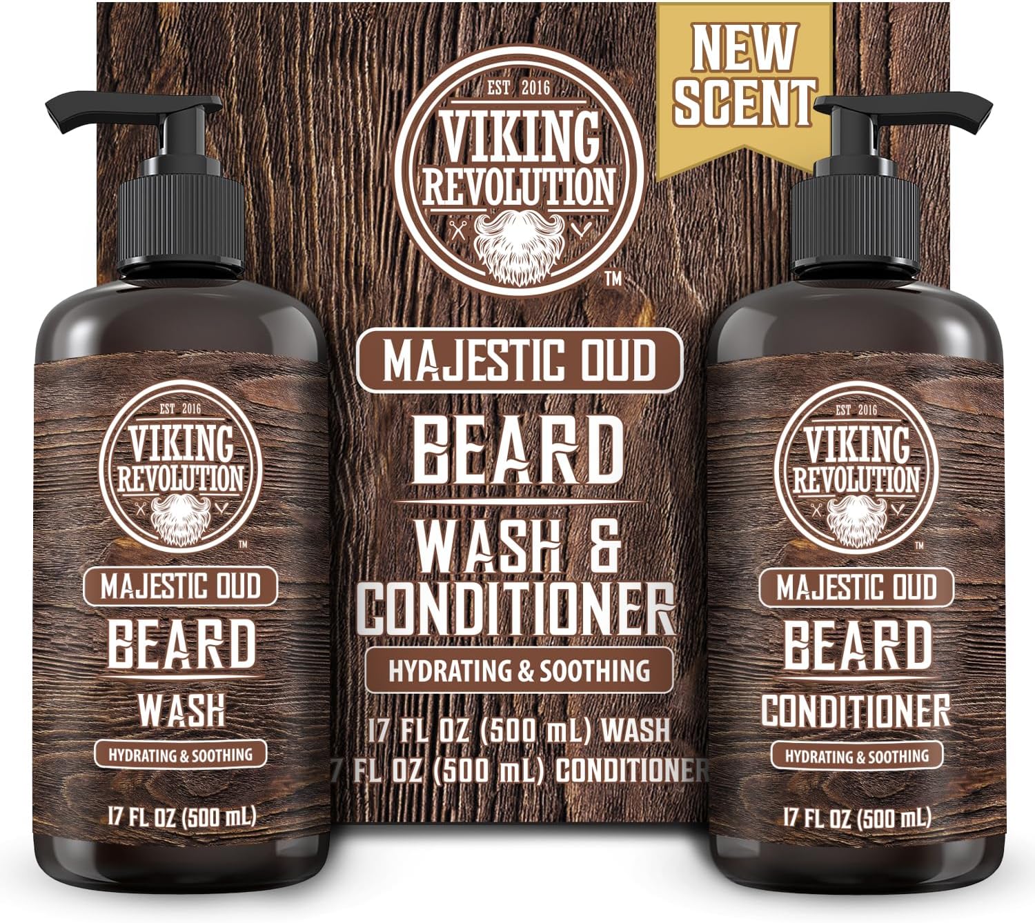 Viking Revolution - Beard Shampoo And Conditioner - Natural Beard Wash & Beard Conditioner With Argan & Jojoba Oils - Softens & Strengthens - Gifts For Men - Majestic Oud - 2 x 500 ml-0