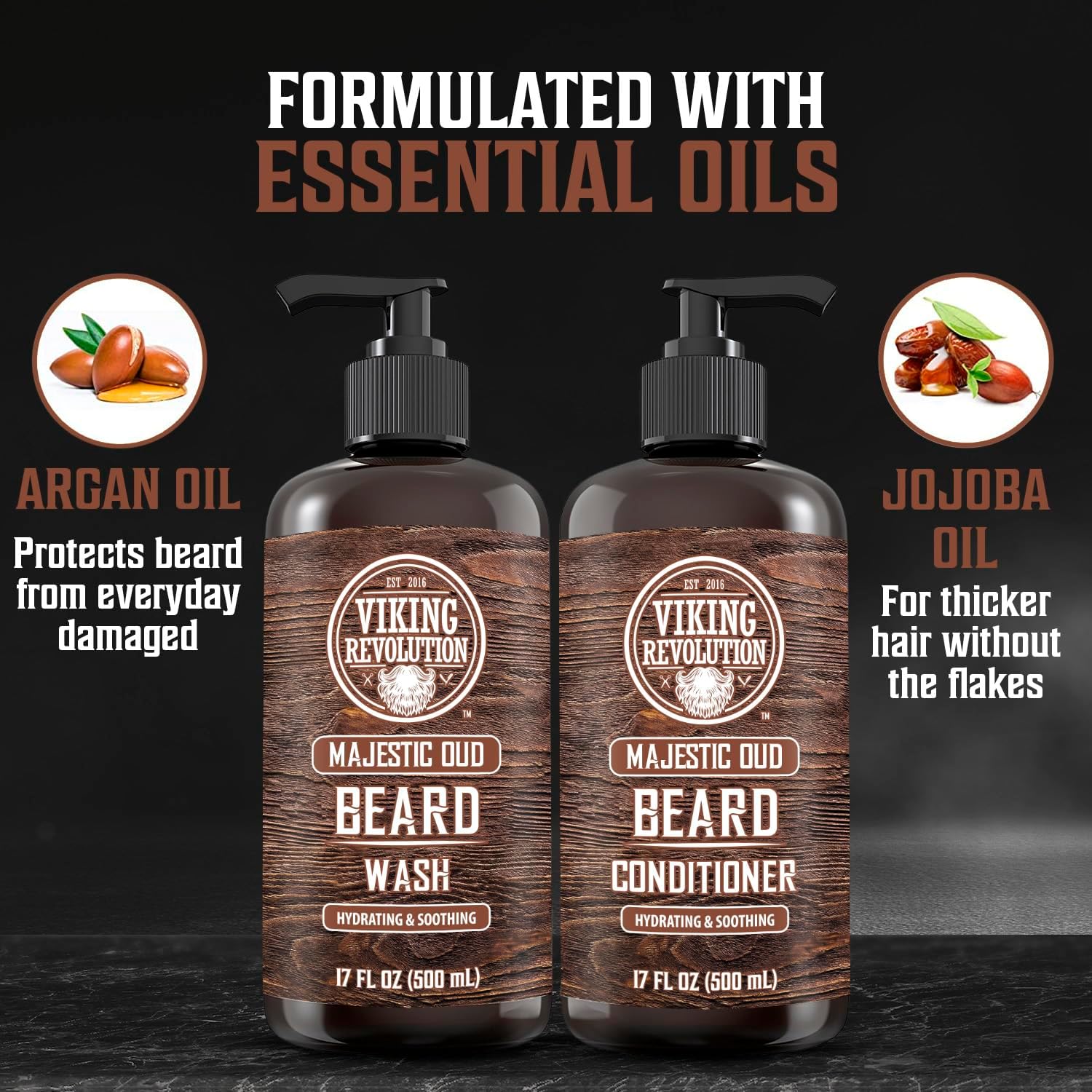 Viking Revolution - Beard Shampoo And Conditioner - Natural Beard Wash & Beard Conditioner With Argan & Jojoba Oils - Softens & Strengthens - Gifts For Men - Majestic Oud - 2 x 500 ml-4